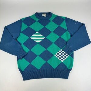 Vintage Izod Club Mens Size L Knit Crewneck Sweater Blue Green Plaid